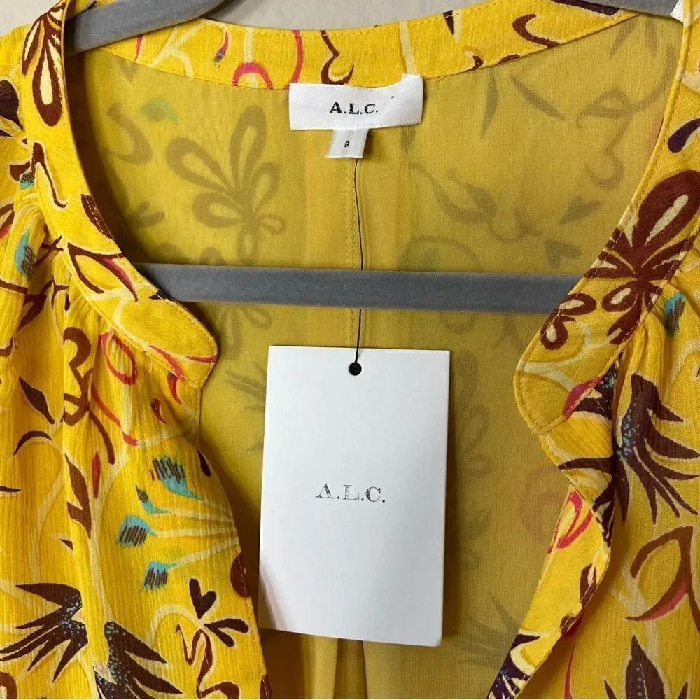 NWT A.L.C. Birds of Paradise 100% Silk Yellow Top Blouse Floral Size M